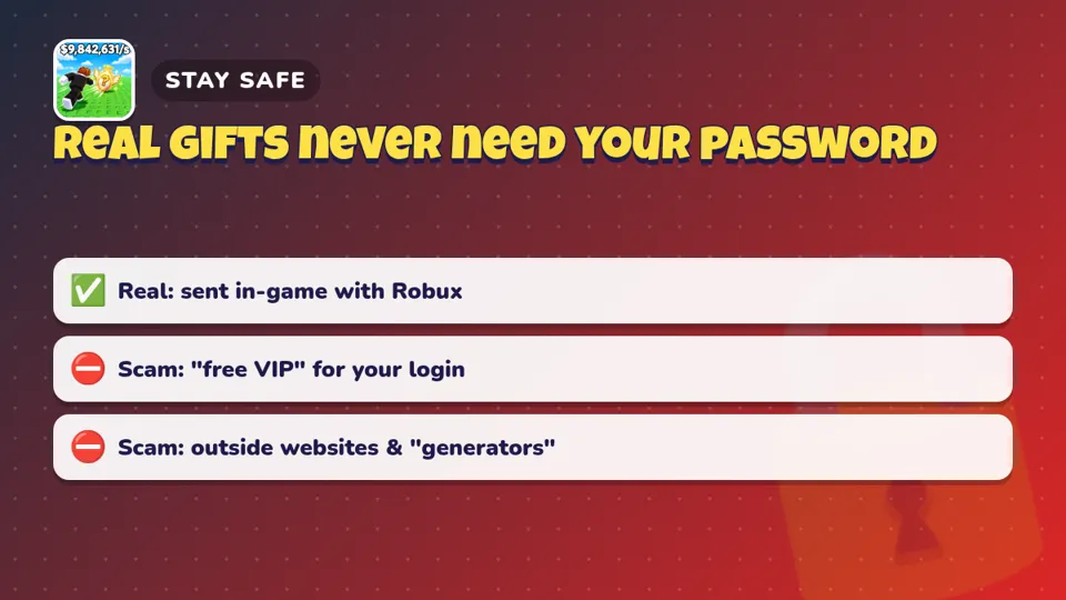 Gift safety card: real gifts are sent in-game, free VIP for your login is a scam