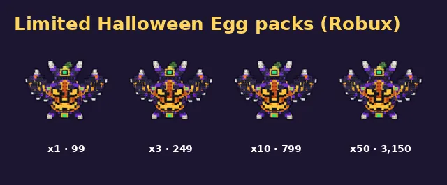 Store icons of the limited Halloween Egg packs x1, x3, x10 and x50 with Robux prices