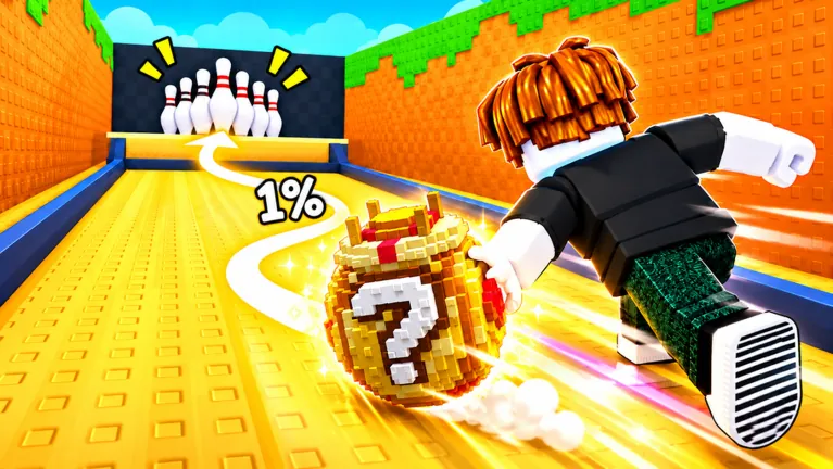 Player rolling a lucky egg down a bowling lane toward pins with a 1% label